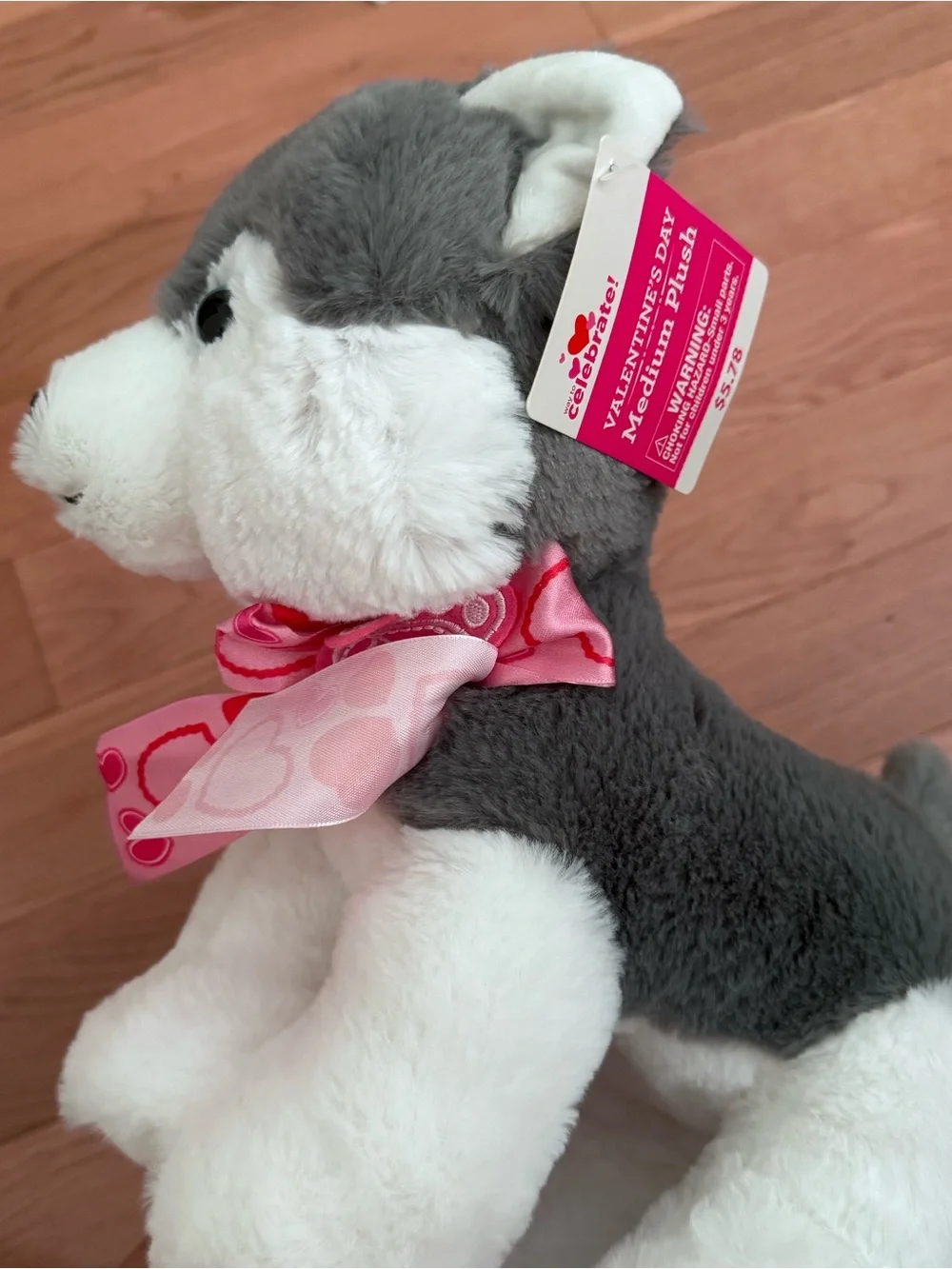 Plush Husky Dog Toy - Gray & White with Pink Heart Ribbon